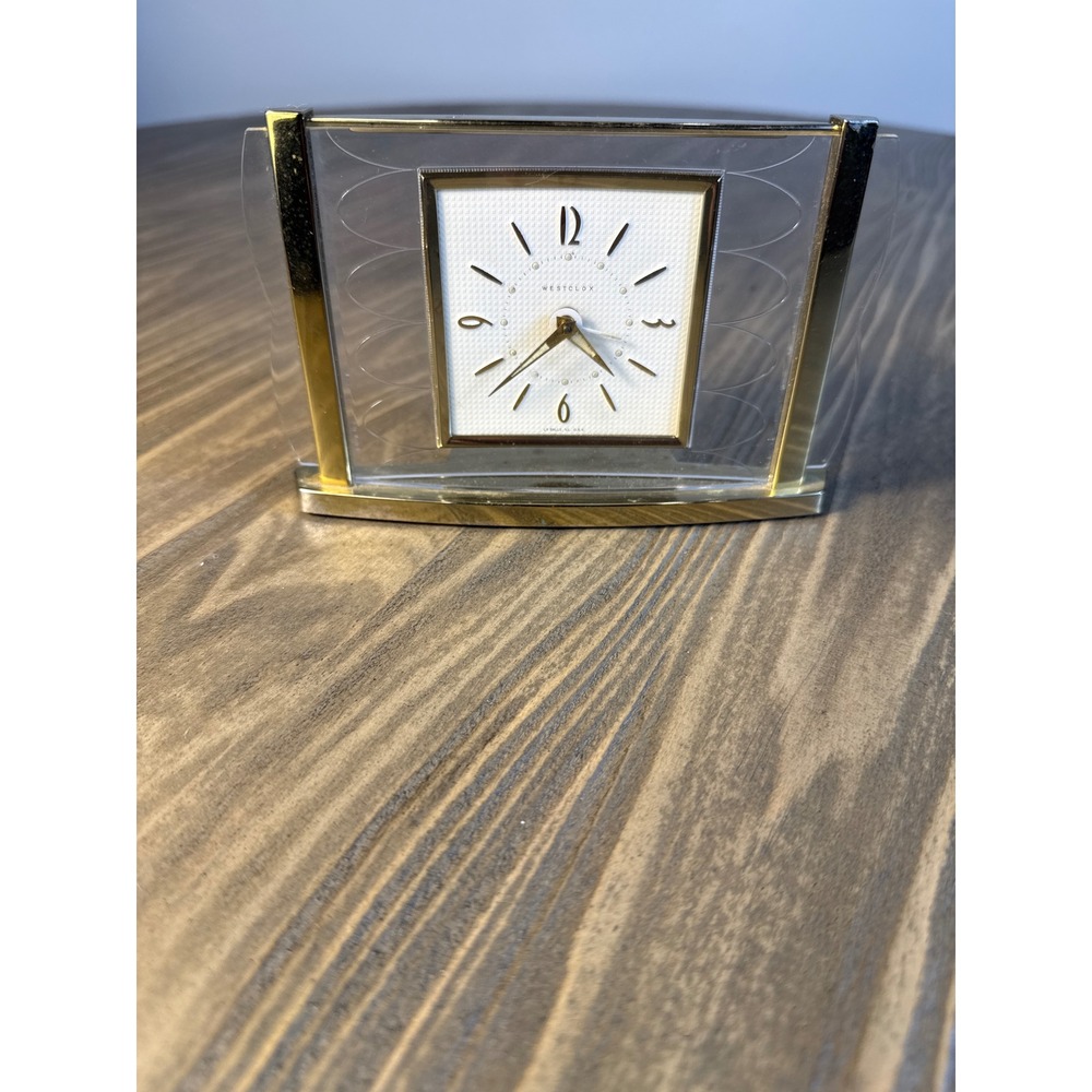 Vintage Westclox Alarm Clock Gold Mid Century Modern Acrylic Atomic Etched Works